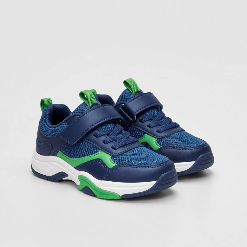 Basket garçon lacets élastiques bleu présenté sur fond clair