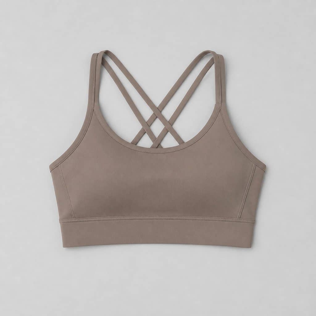 Brassière de yoga taupe maintien léger présenté sur fond clair