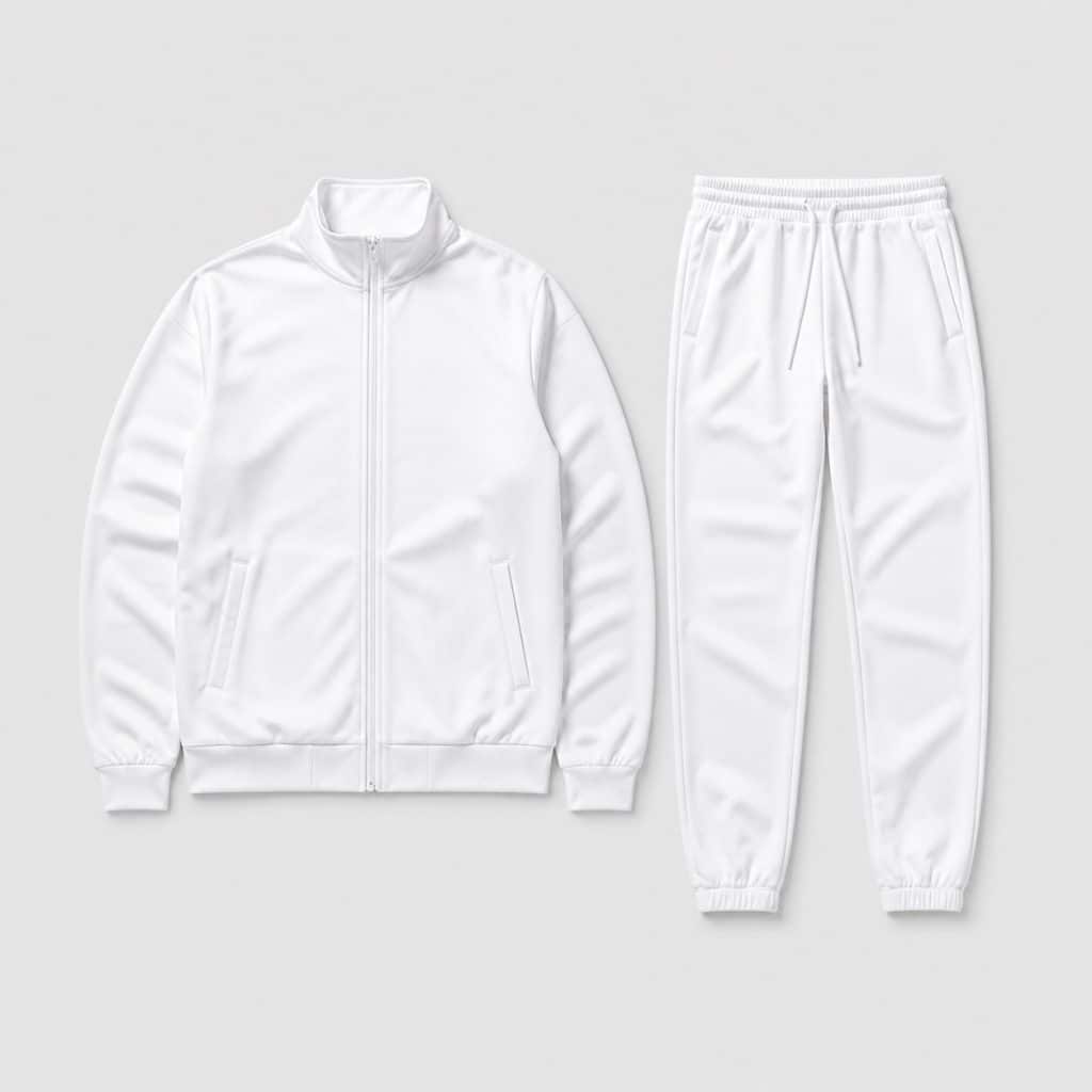 Ensemble survêtement blanc minimaliste présenté sur fond clair