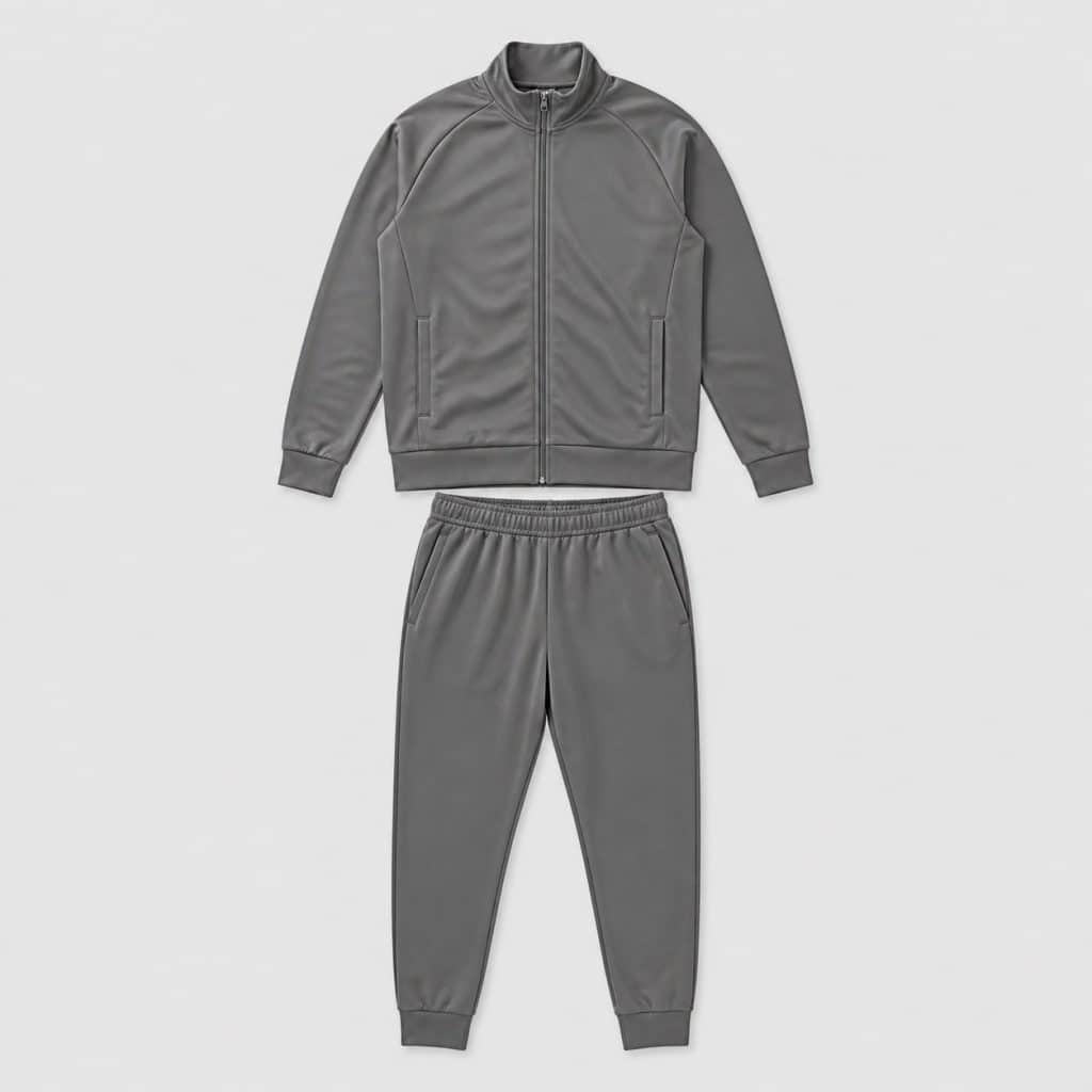 Ensemble survêtement gris veste et pantalon présenté sur fond clair