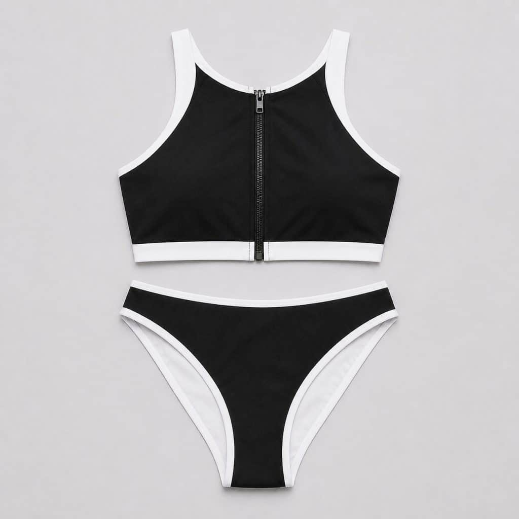 Maillot de bain deux pièces zippé présenté sur fond clair