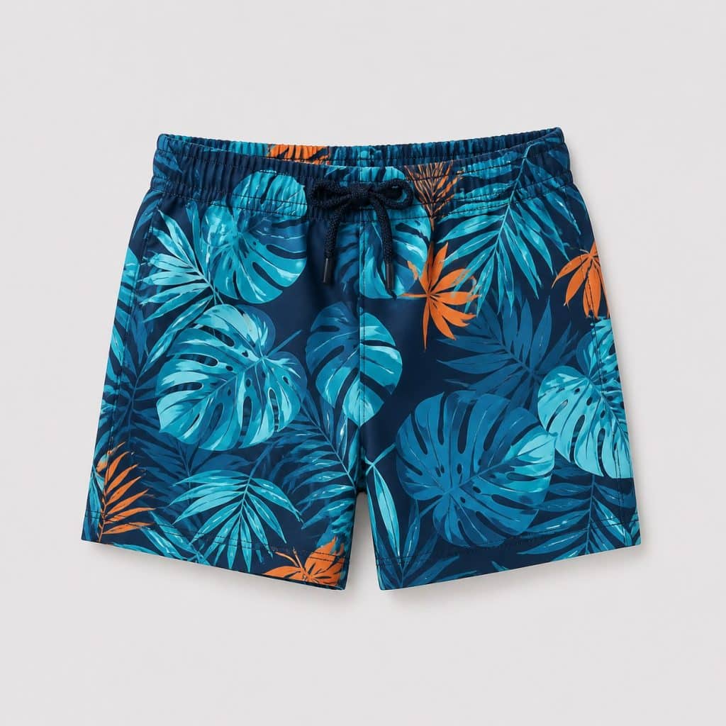 Maillot de bain garçon imprimé présenté sur fond clair