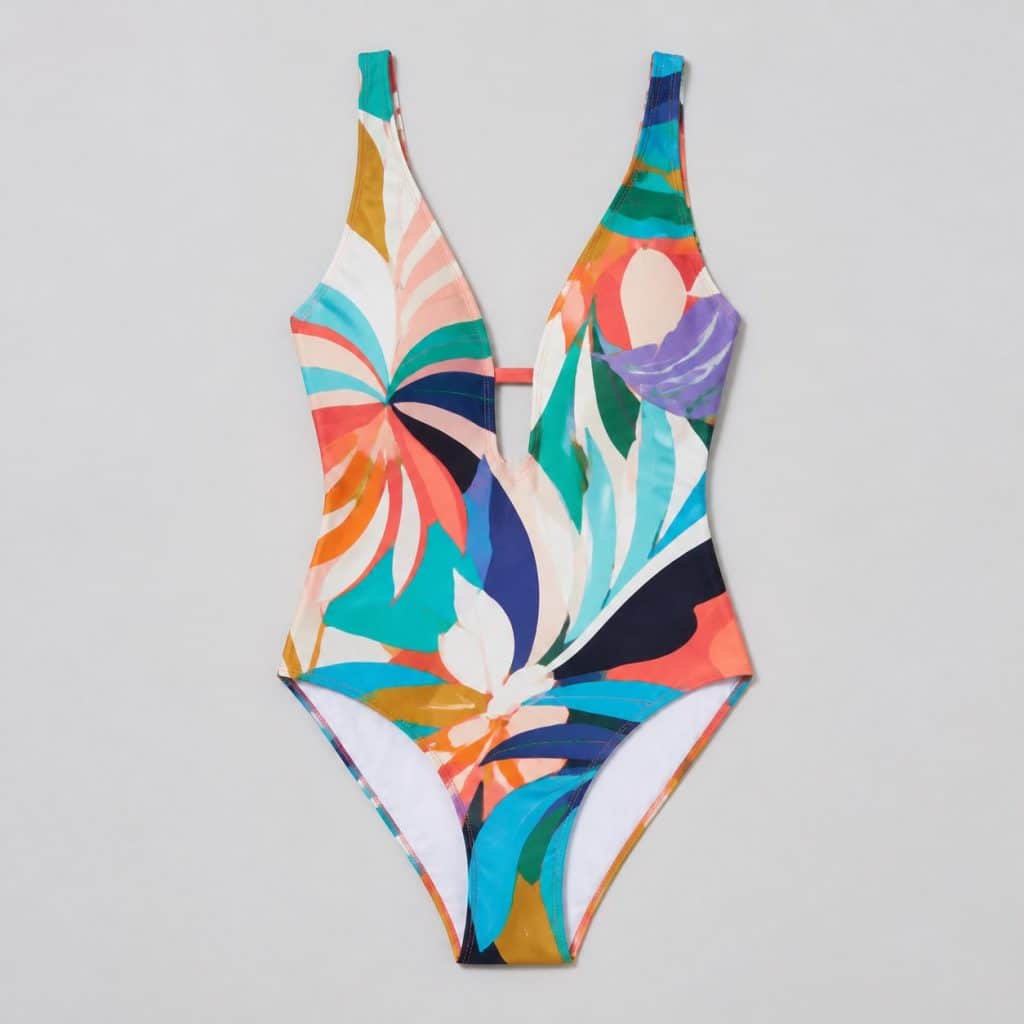Maillot de bain une pièce imprimé présenté sur fond clair