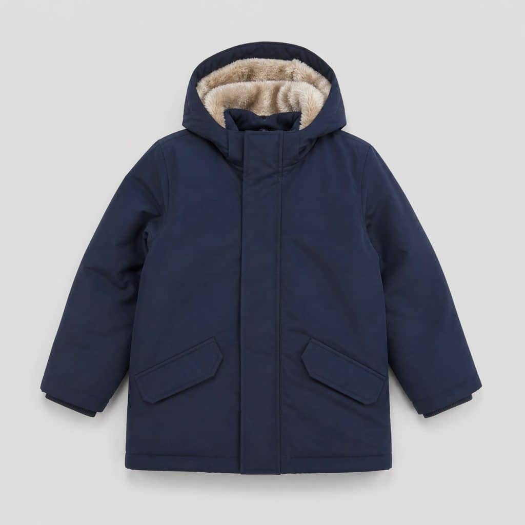 Manteau garçon chaud marine présenté sur fond clair