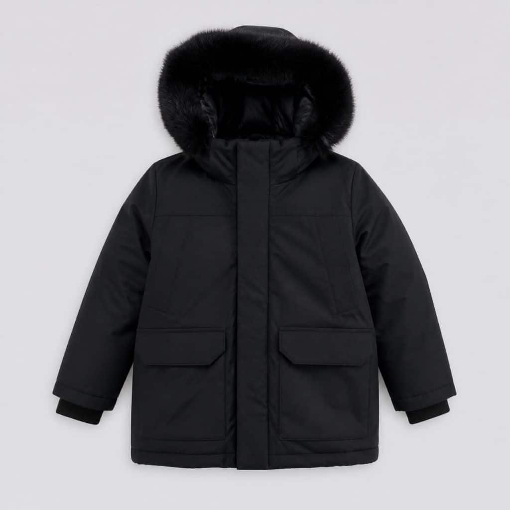 Manteau garçon très chaud noir présenté sur fond clair