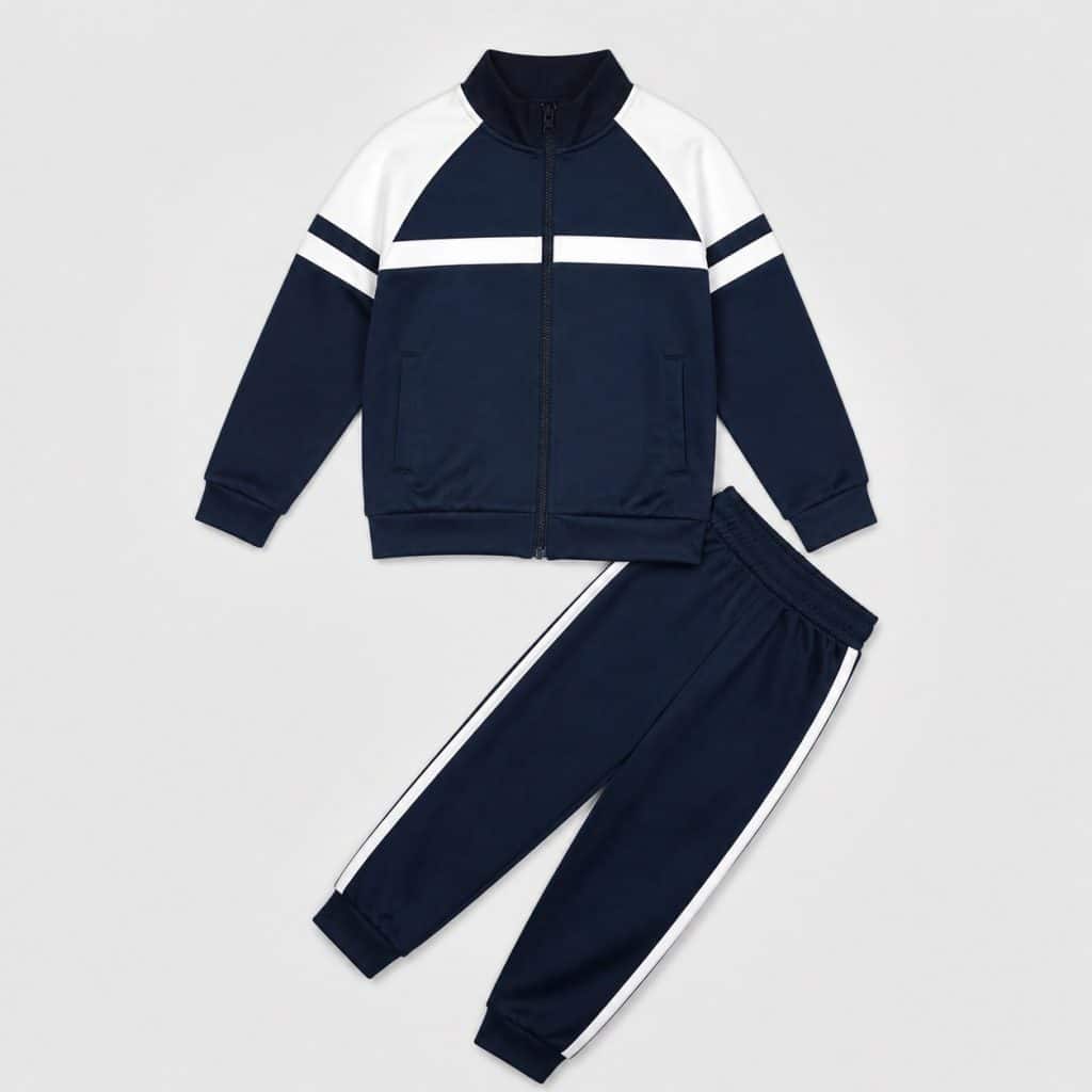 Survêtement enfant bleu marine et blanc présenté sur fond clair