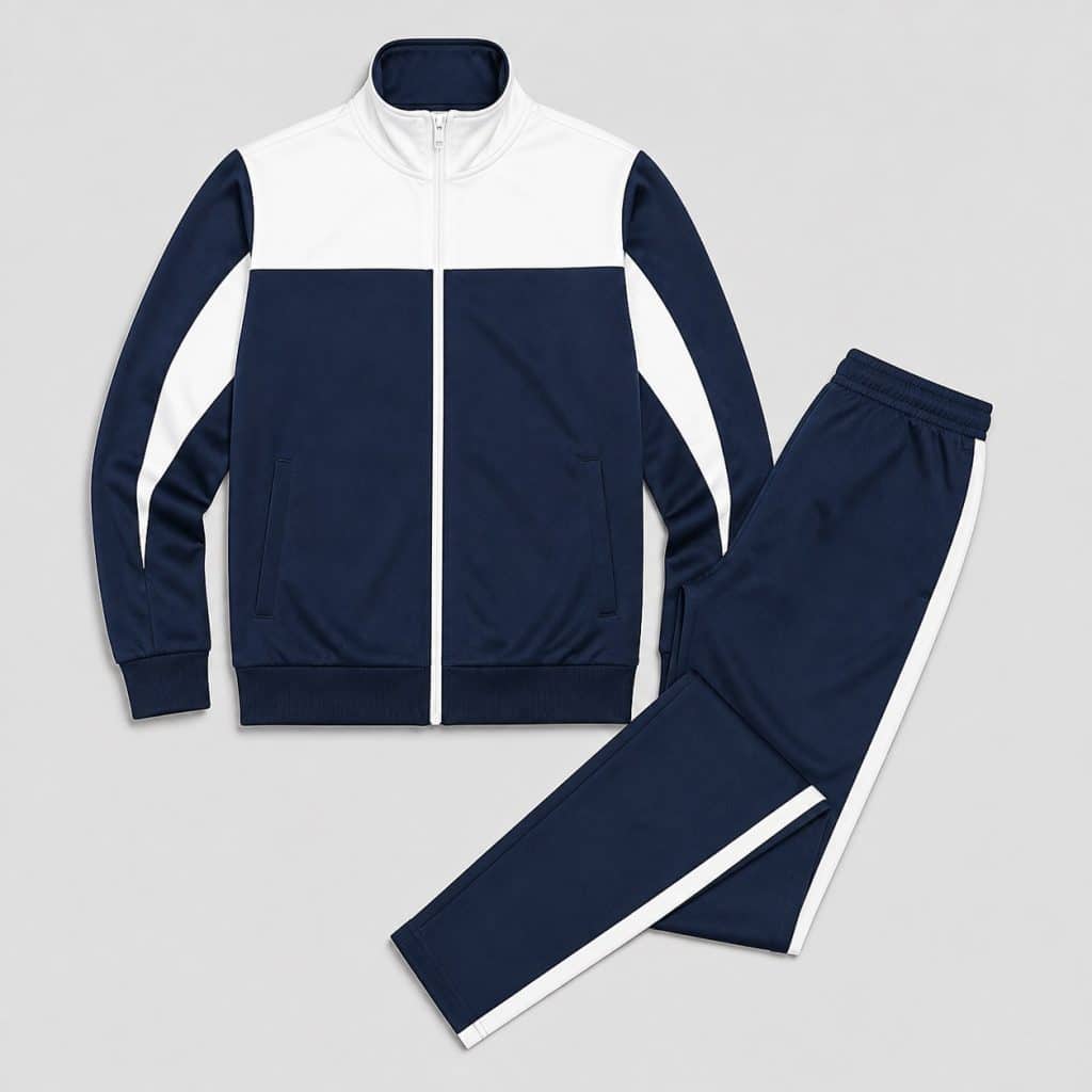Survêtement homme bleu marine et blanc présenté sur fond clair