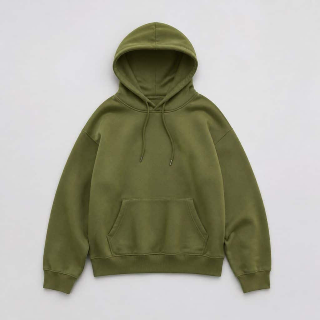 Sweat à capuche femme vert olive présenté sur fond clair