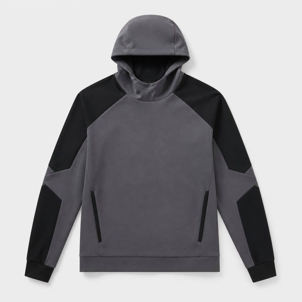 Sweat à capuche technique gris et noir présenté sur fond clair