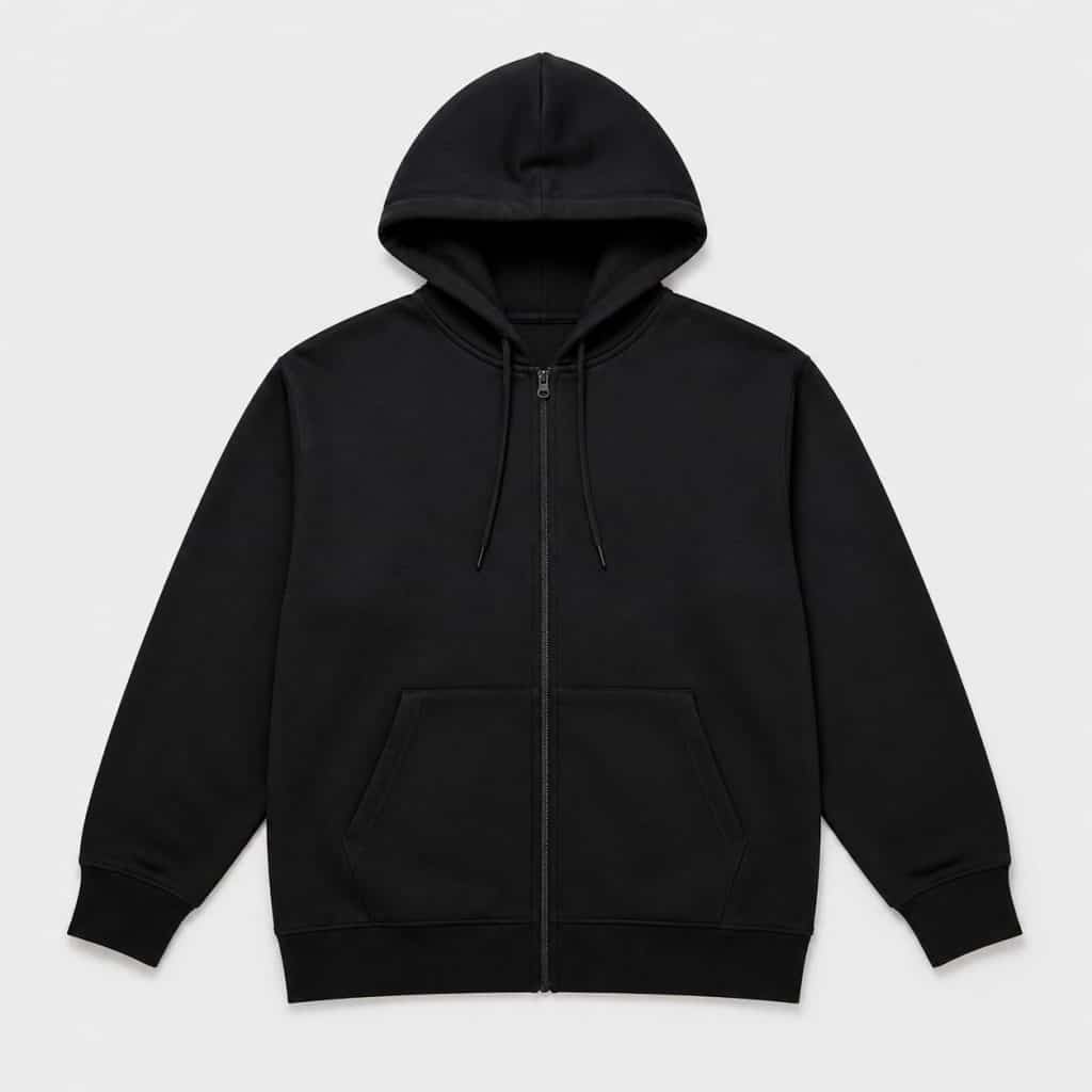 Sweat à capuche zippé fitness noir présenté sur fond clair