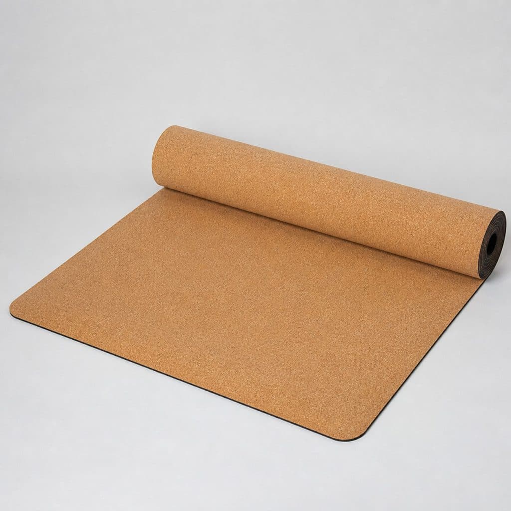 Tapis de yoga en liège naturel présenté sur fond clair