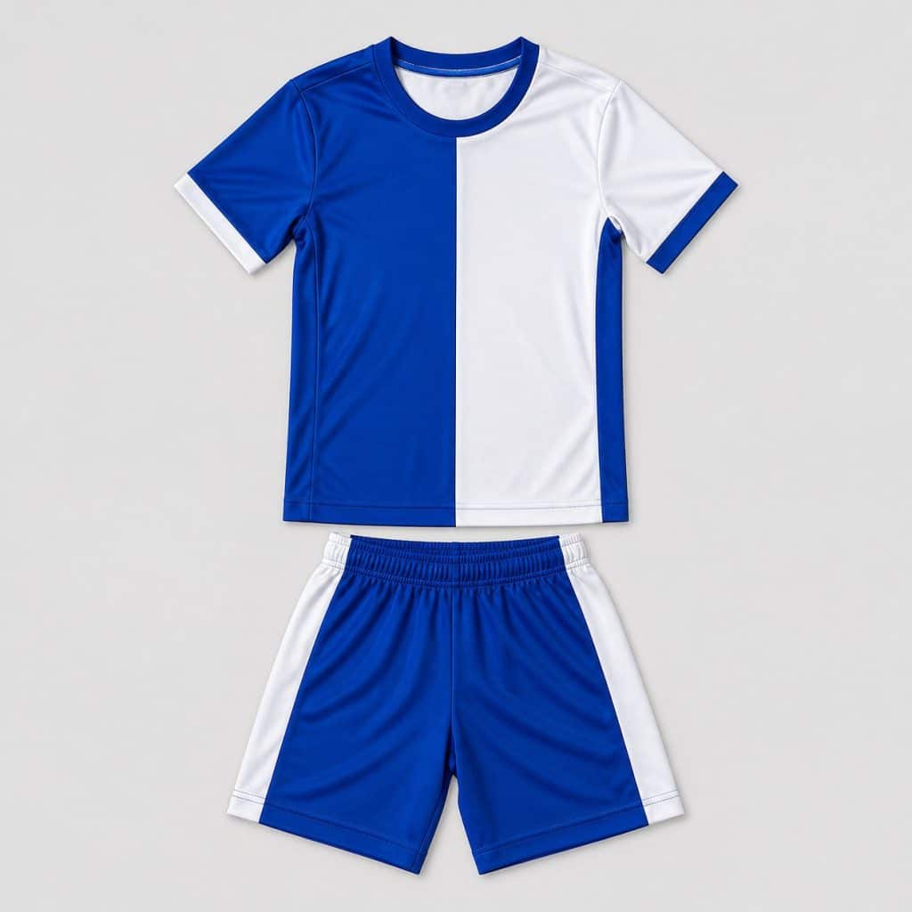 Tenue de foot enfant bleu et blanc présenté sur fond clair