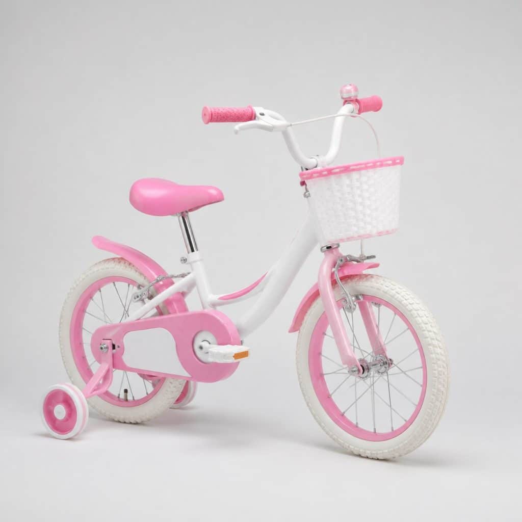 Vélo fille 14 pouces rose présenté sur fond clair