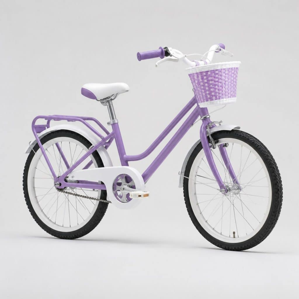 Vélo fille 20 pouces violet présenté sur fond clair