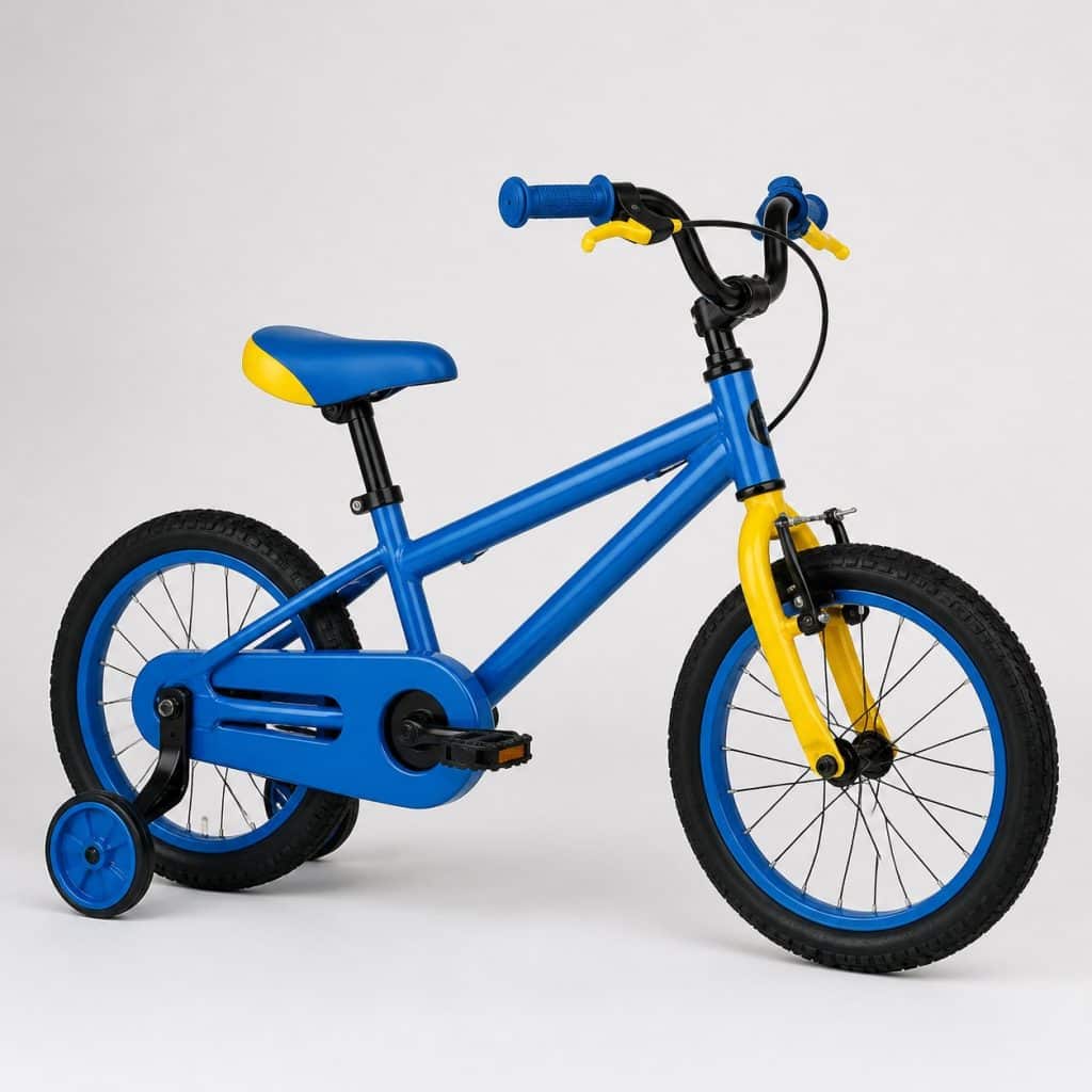 Vélo garçon 16 pouces bleu et jaune présenté sur fond clair