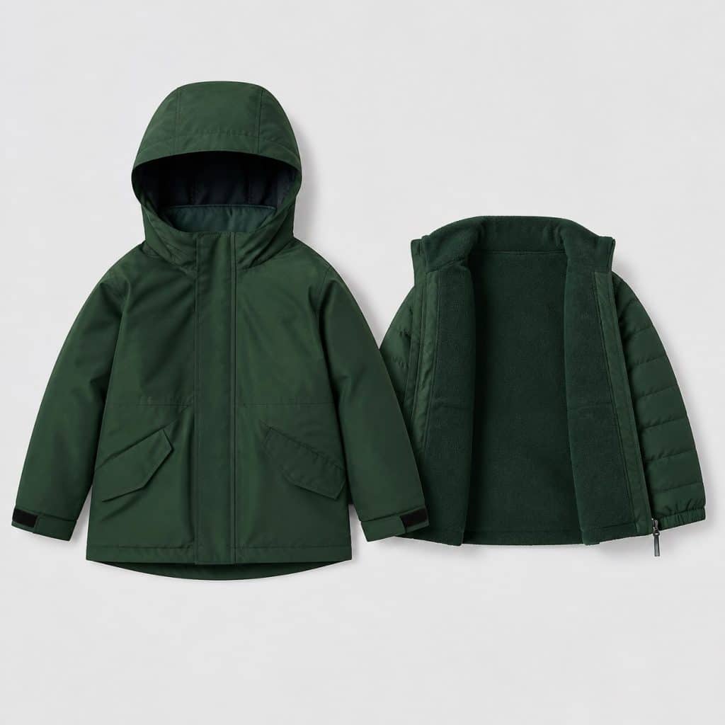 Veste enfant technique vert forêt présenté sur fond clair