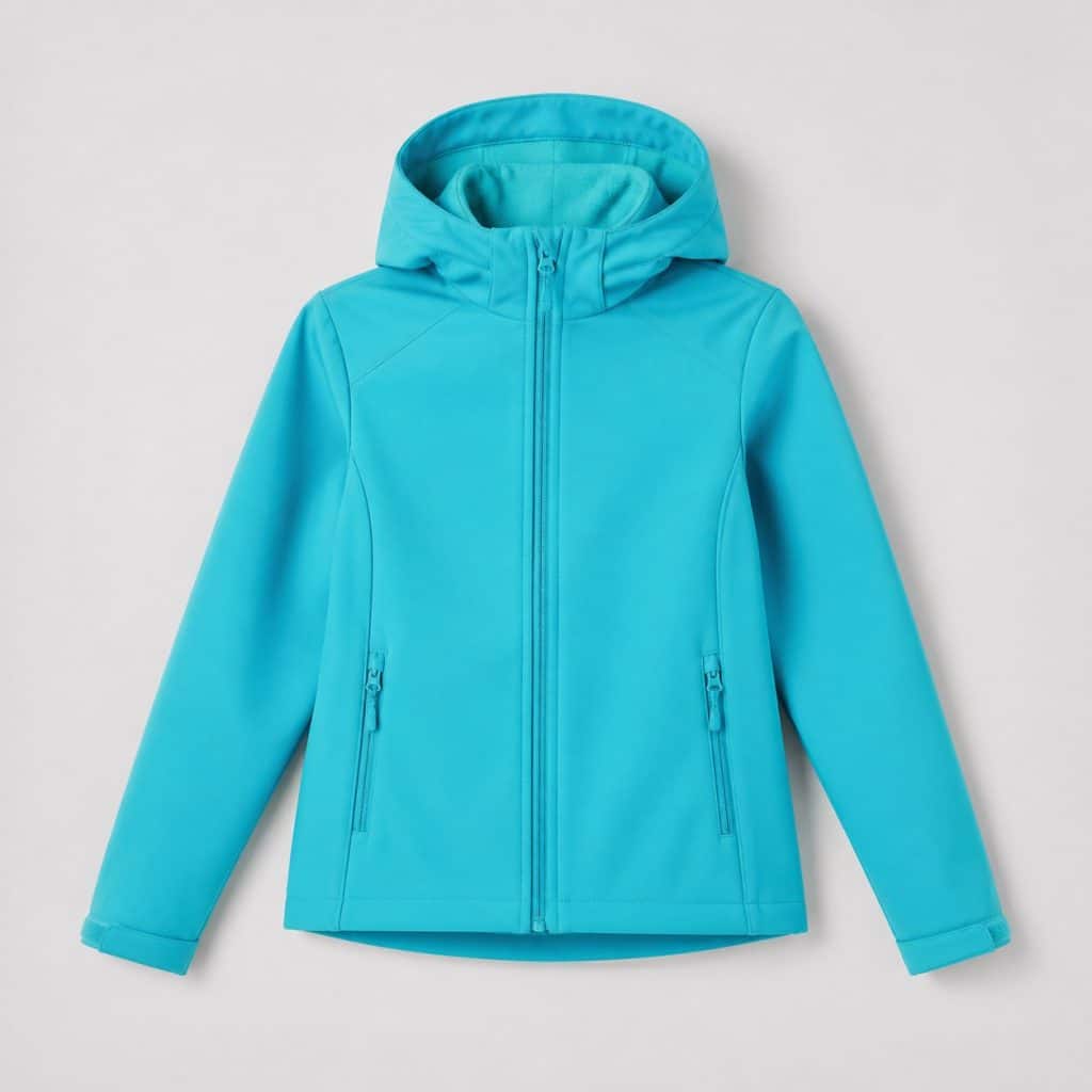 Veste fille softshell turquoise présenté sur fond clair