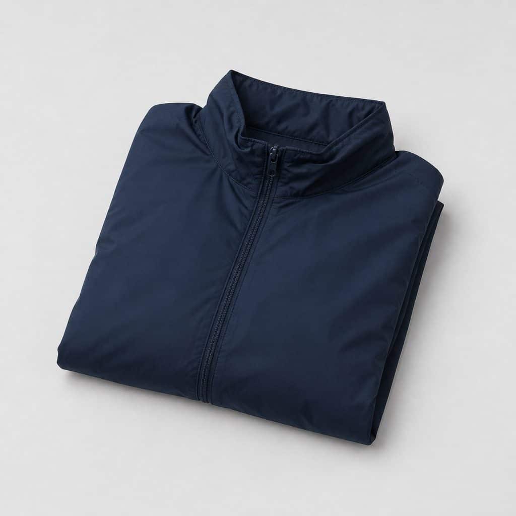 Veste zippée légère coupe-vent bleu marine présenté sur fond clair